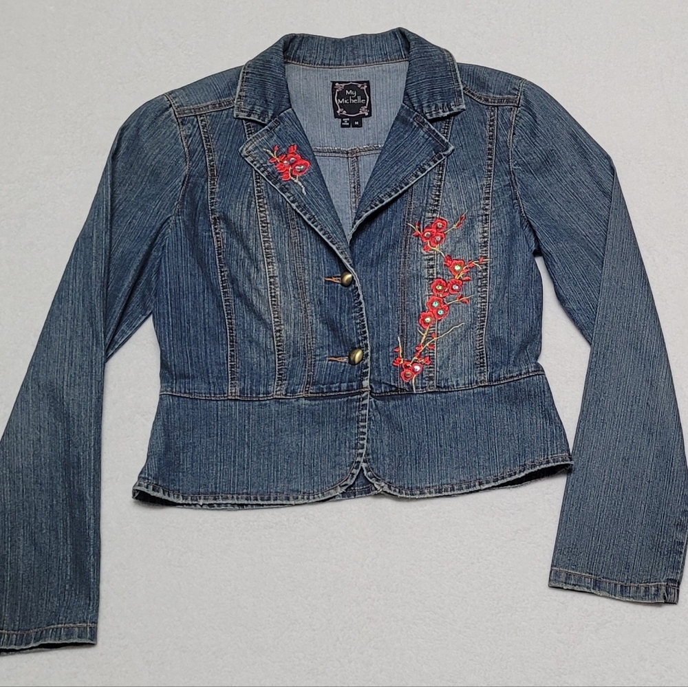 90s Vintage My Michelle Mid-Wash Blue Stretch Denim Red Floral Embroidery Jacket - Picture 2 of 10